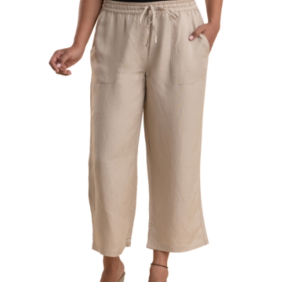 KHAKI LINEN WIDE LEG CAPRI WITH DRAWSTRING FOR ULTIMATE COMFORT - Picture 3 of 4